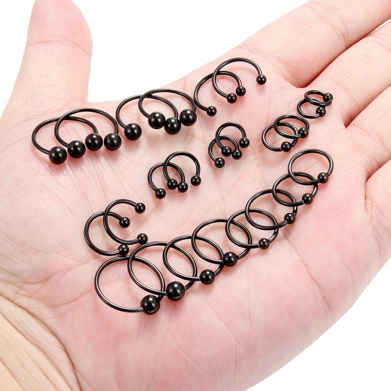 Ruifan 12PRS(24PCS) 16G Surgical Steel Horseshoe & Captive Bead Nose Hoop Septum Earring Eyebrow Tongue Lip Nipple Helix Tragus Piercing Jewelry Rings 6-16mm Black - Image 3